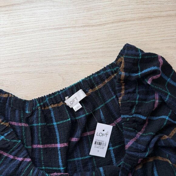 LOFT Peasant Blouse Size Small Windowpane Plaid Peplum Skirted Drop Waist 576950 - Picture 8 of 13